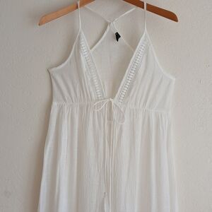 Women’s Swimsuit  Long Cover Up Tie Front White with Crochet Detail Size M White